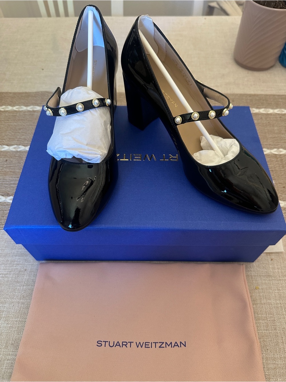 Stuart Weitzman Black Patent Mary Jane Pumps with Pearl-Accent Strap